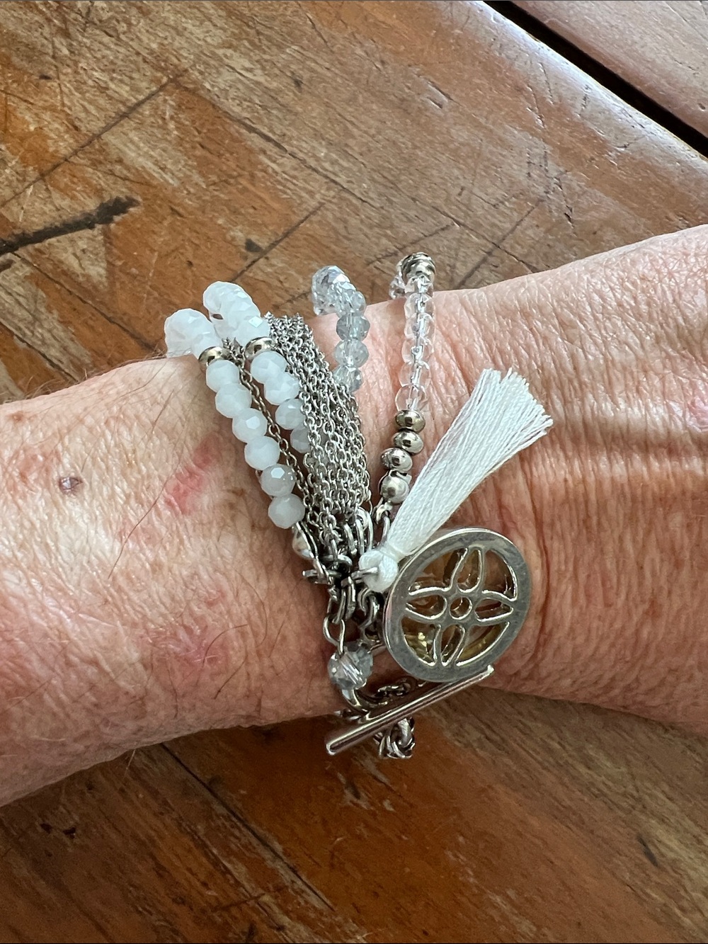 Silver-Tone White Bead Multi-Strand Bracelet with Tassel